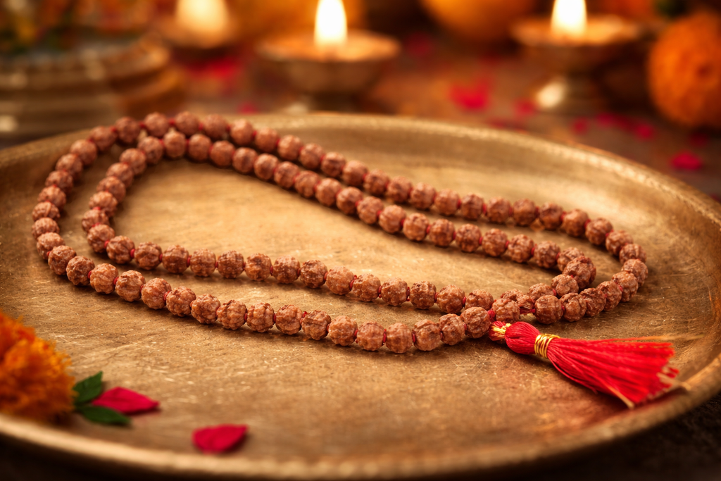 5 Mukhi Rudraksha Mala with Red Thread Tassel