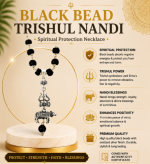 Black Bead Trishul Nandi Mahadev Trishul Damru Nandi Pendant with Black Bead Chain