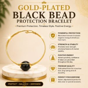 Gold Plated Black Bead Protection Bracelet Gold-Plated Black Bead Protection Bracelet – Adjustable Spiritual Bangle