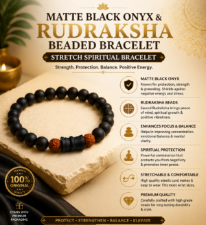 Matte Black Onyx & Rudraksha Beaded Bracelet – Stretch Spiritual Bracelet for Men & Women 2