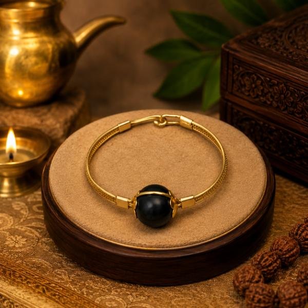 Gold-Plated Black Bead Protection Bracelet – Adjustable Spiritual Bangle