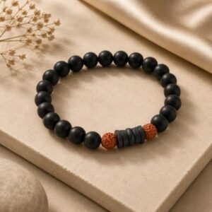 Matte Black Onyx & Rudraksha Beaded Bracelet – Stretch Spiritual Bracelet for Men & Women 2