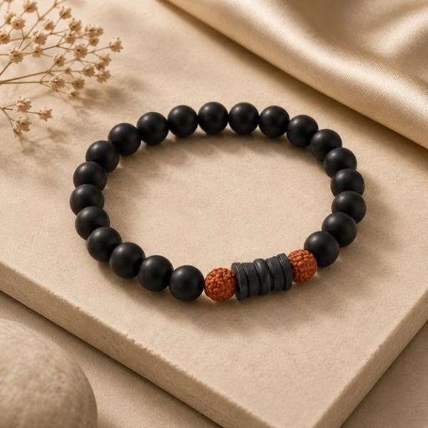 Matte Black Onyx & Rudraksha Beaded Bracelet – Stretch Spiritual Bracelet for Men & Women 2