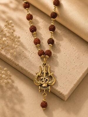Rudraksha Om Trishul Pendant Mala – Gold-Plated Spiritual Necklace